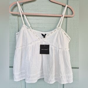 NWT Style Envy Cropped White Baby Doll Camisole Top Eyelet Trim Jrs L Fairy Y2K